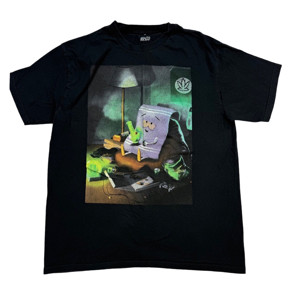 South Park Towelie Graphic T-Shirt Mens L Black Excellent Bong 420 Weed Art Tee